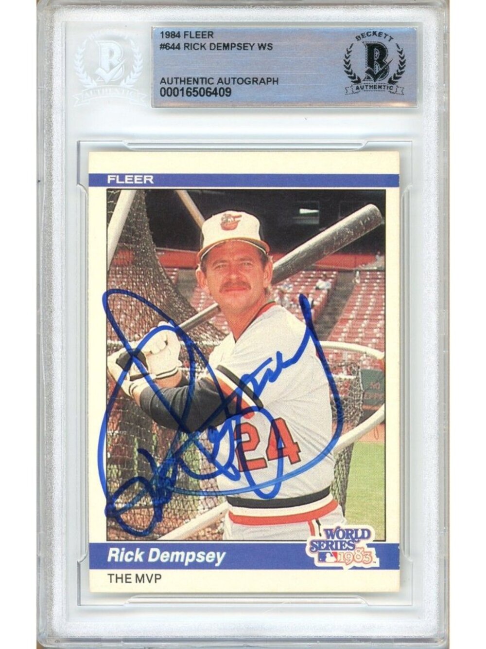 Rick Dempsey Signed 1984 Fleer #495 Baltimore Orioles Beckett BAS Slab MLB Auto